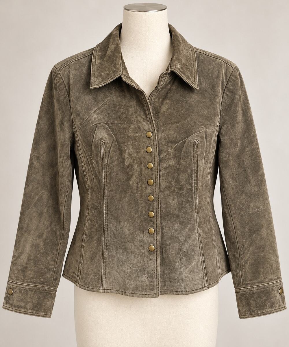 Coldwater Creek PXL Petite XL Olive Brown Suede Leather Jacket Snap Front